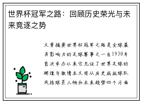世界杯冠军之路：回顾历史荣光与未来竞逐之势