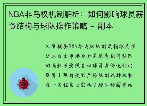 NBA非鸟权机制解析：如何影响球员薪资结构与球队操作策略 - 副本